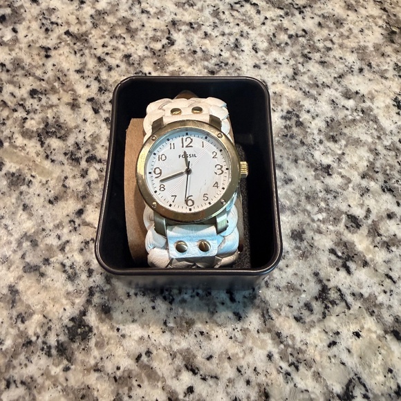 Fossil Watch with White Braided Leather Cuff Band - Picture 1 of 2